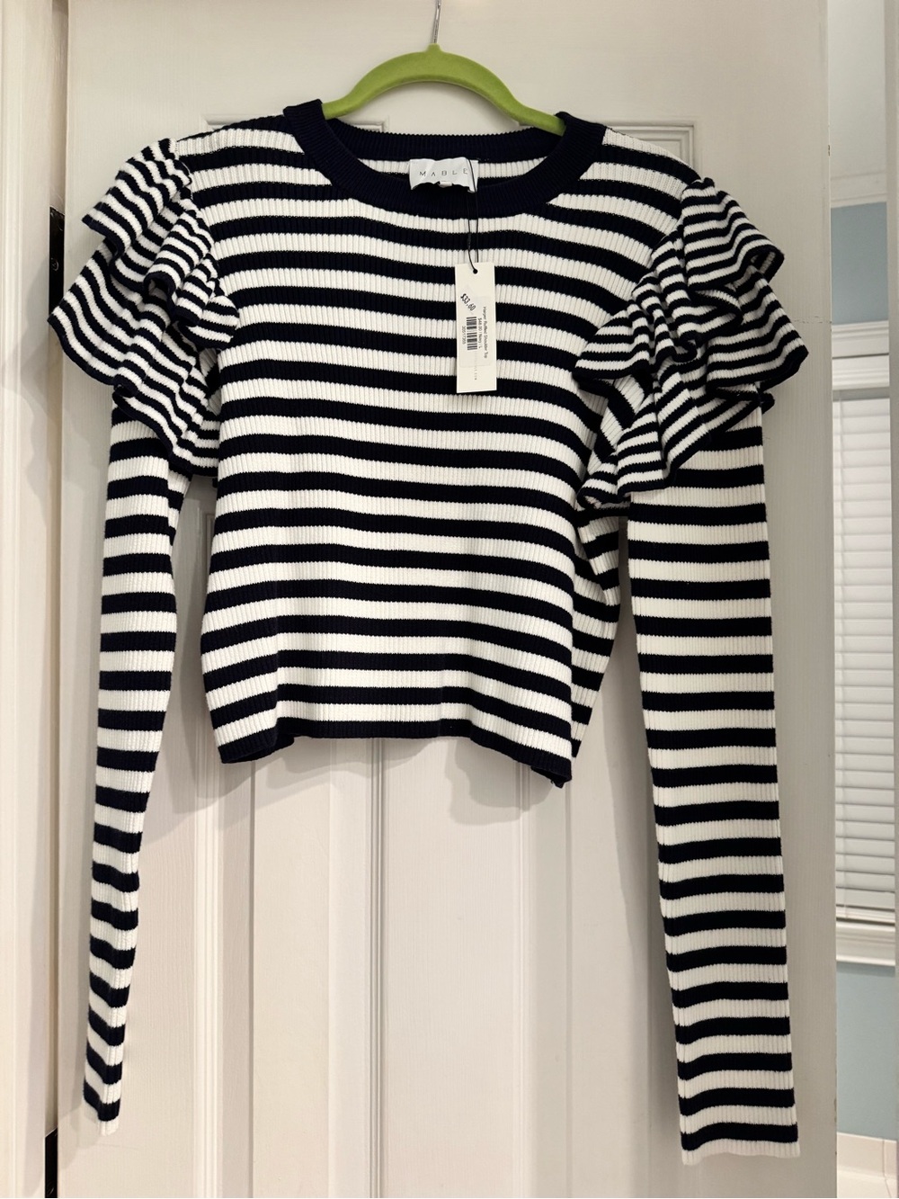 MARBLE Black & White Striped Ruffle Shoulder Long Sleeve Top